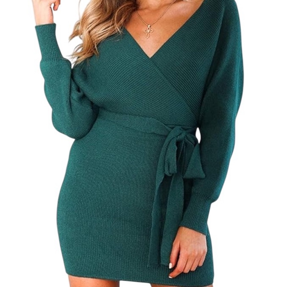 Batwing, open back sweater dress.